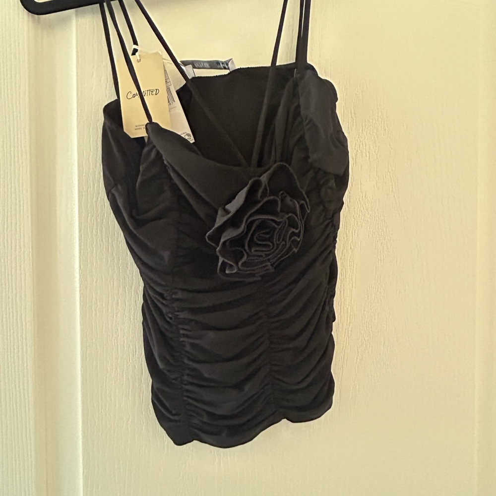 Mango Black Ruched Ruffled Camisole